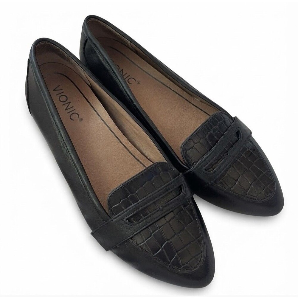 Vionic Savannah Black Leather Croc-Embossed Pointed Toe  – Women's Size 9.5